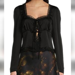 NWT Gianni Bini Elegant Black Satin And Lace Tie Front Top